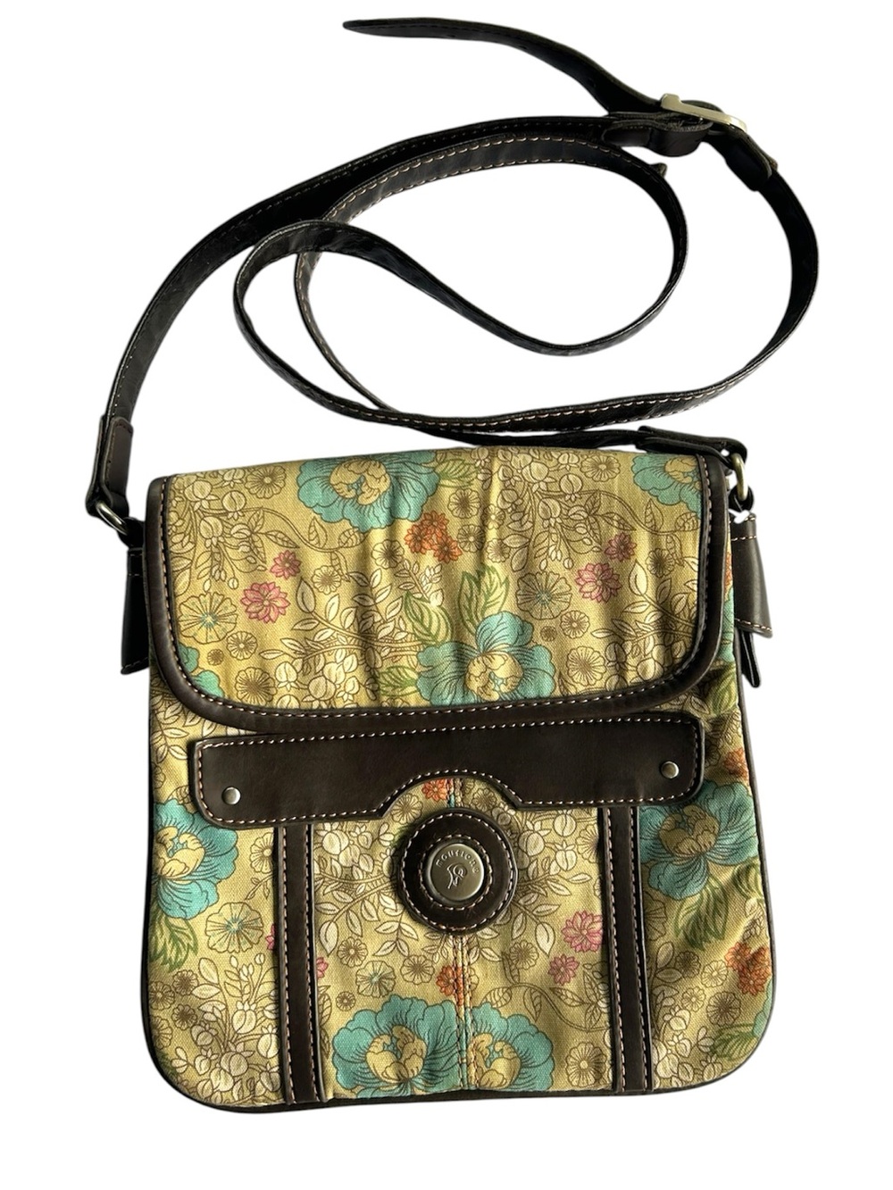 Mouflon Floral Crossbody Bag with Turquoise Accents and Brown Trim